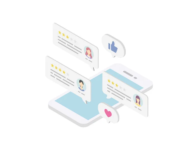 スマートフォン上に表示されたユーザーレビューや評価、SNSの「いいね」や「ハート」のアイコンが描かれたイラストです。オンラインでの顧客フィードバックや評価を表現しています。