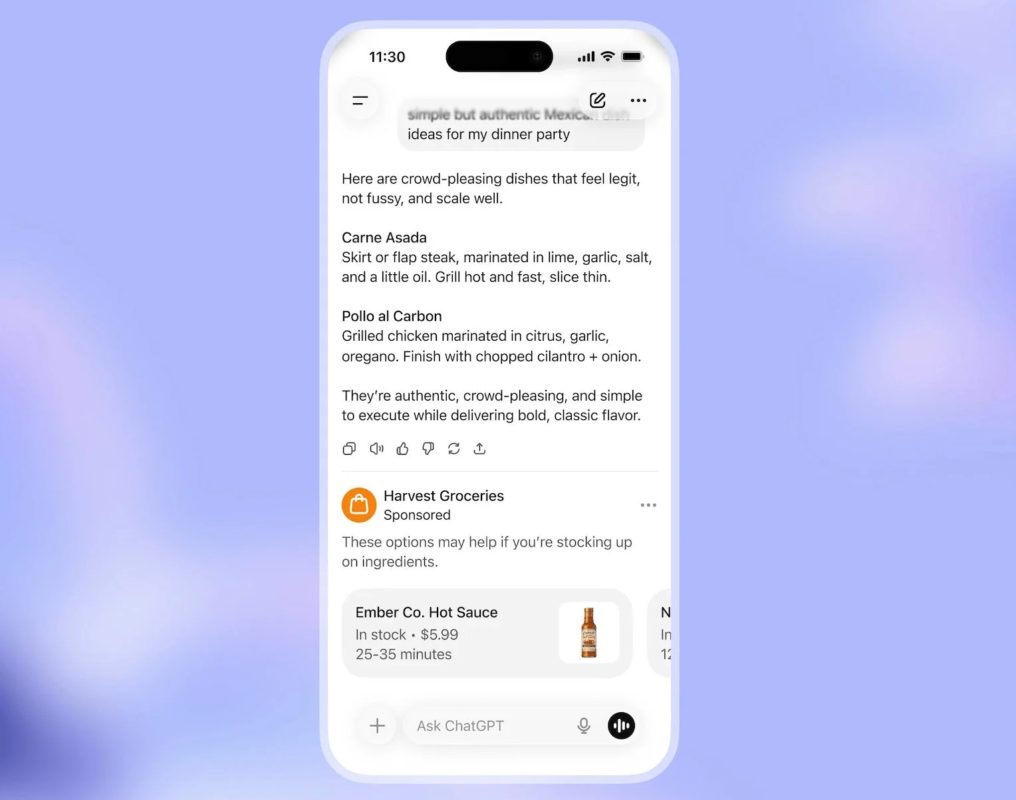 ChatGPTがメキシコ料理のディナーパーティーレシピを提案し、下部に広告が表示されているスマートフォン画面
