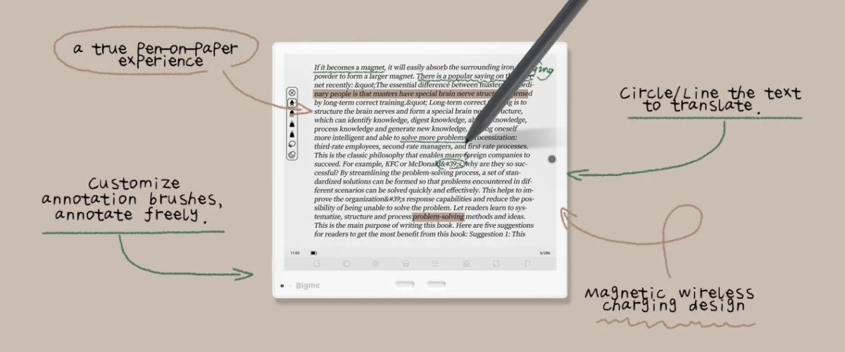 スタイラスペンで操作するBigmeの電子書籍リーダー