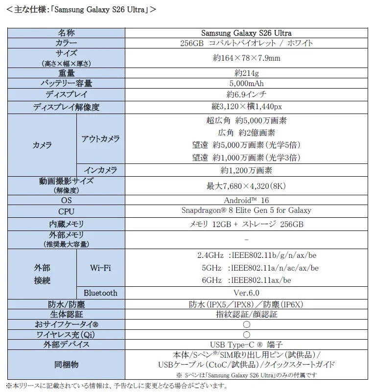 主な仕様:「Samsung Galaxy S26 Ultra」