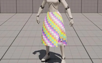 白い人型ロボットがパステルカラーのチェック柄のロングスカートを着用している画像