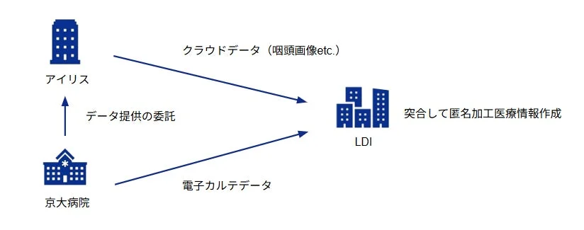 京大病院とアイリスからLDIへ医療データが集約されるデータ連携のフロー図
