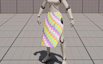 白い人型ロボットがパステルカラーのピクセルアートのようなチェッカー柄のスカートを着用して立っている画像