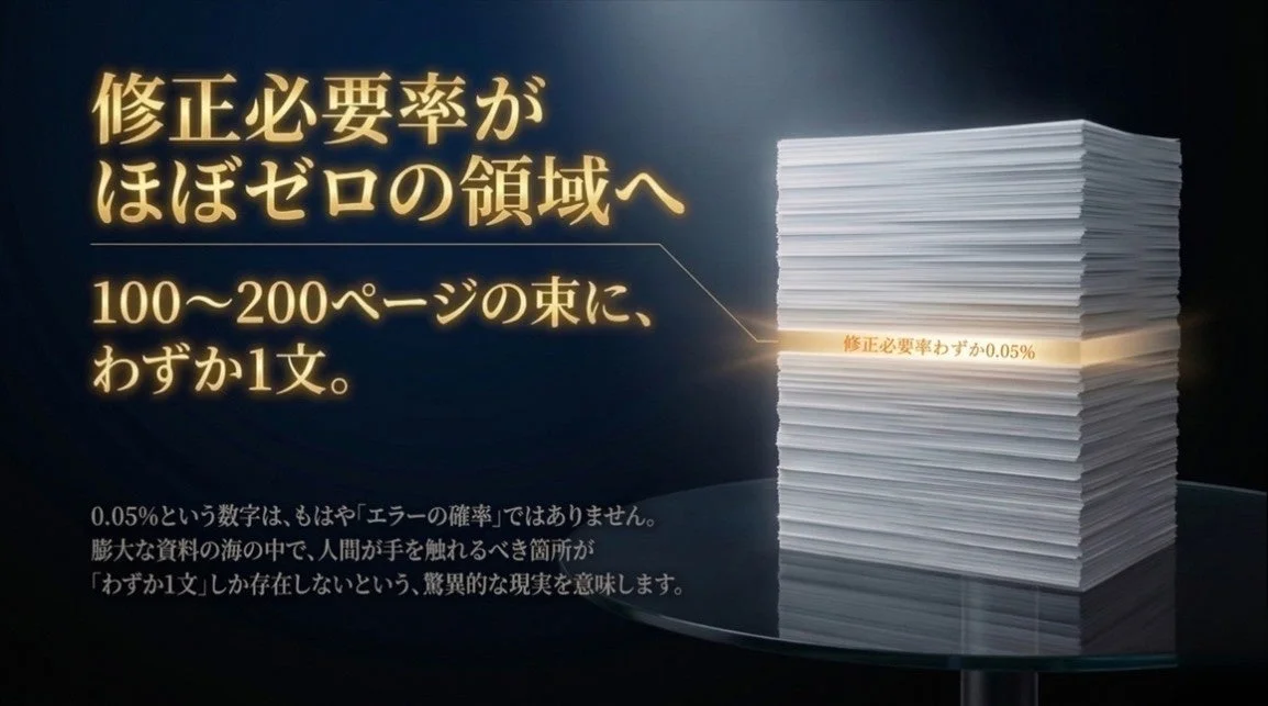 修正必要率がほぼゼロの領域に達したことを示す画像。100～200ページの資料の束に対し、修正箇所はわずか1文（0.05%）という驚異的な精度を表現しています。