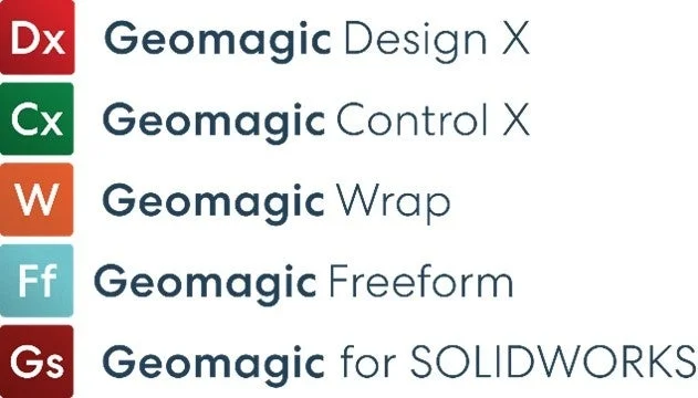 Geomagicブランドの複数のソフトウェア製品が、それぞれの略称と正式名称とともにリスト形式で表示されています。これらは3Dデザインやリバースエンジニアリングに関連する製品群です。