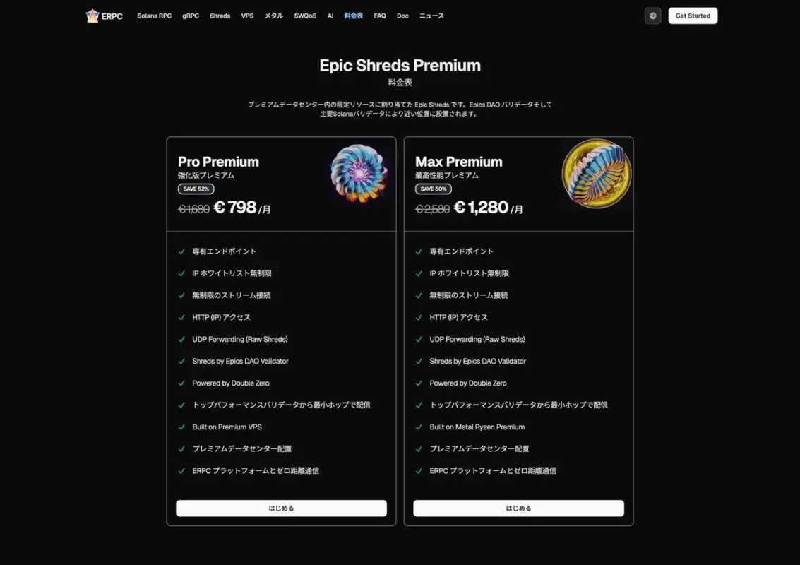 Epic Shreds Premiumの料金プランページで、Pro PremiumとMax Premiumの2種類のサービスを比較している画像