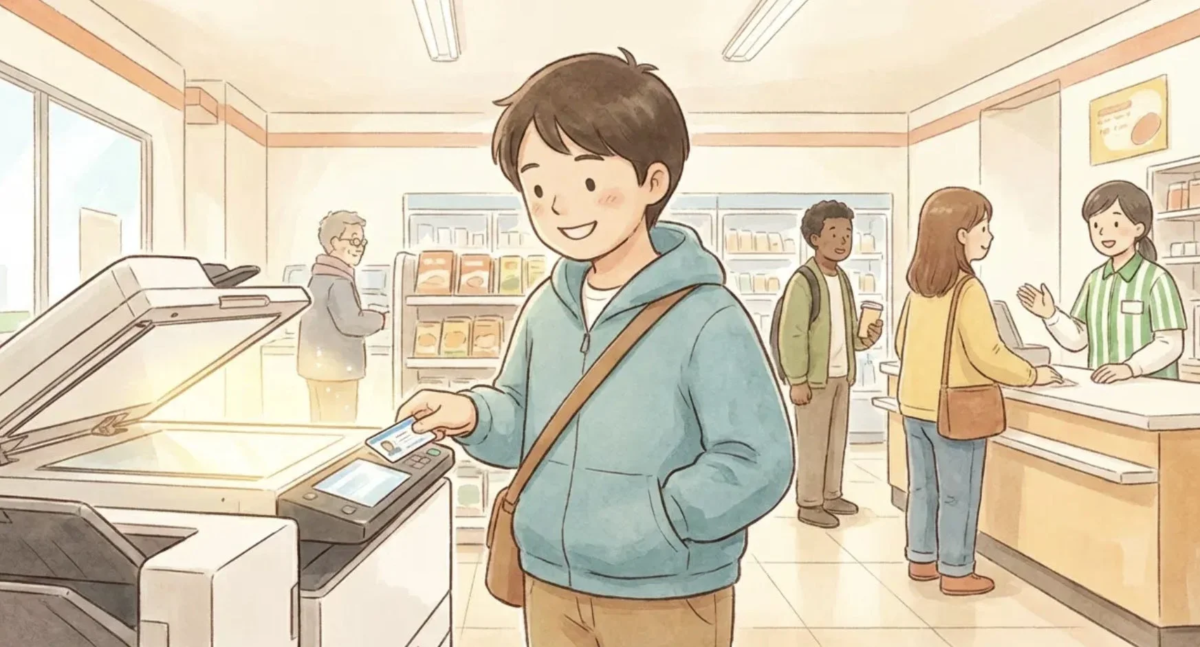 コンビニのマルチコピー機を利用するイラスト