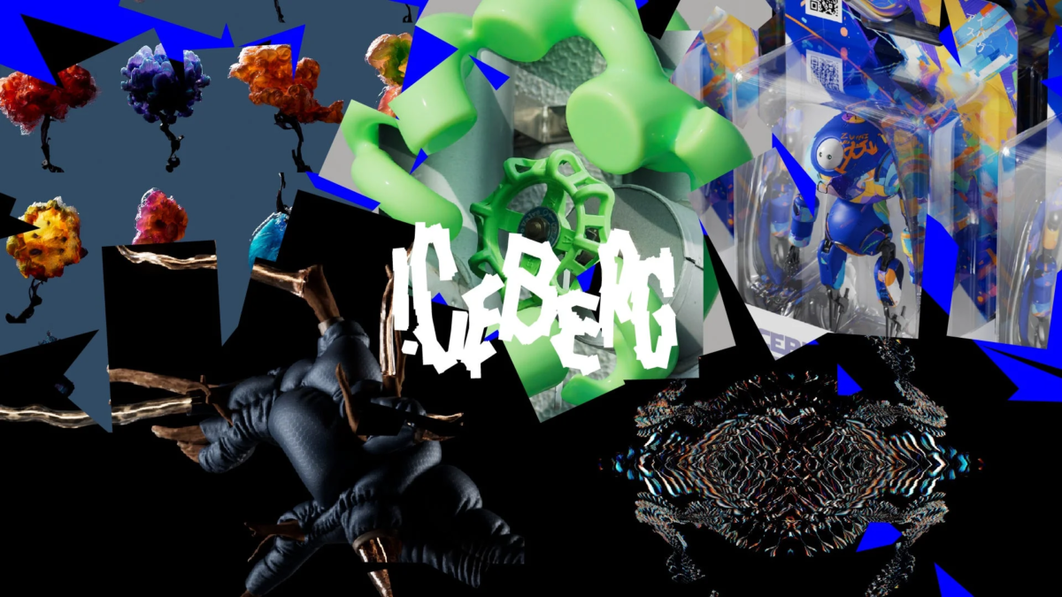 様々な要素が断片的にコラージュされたデジタルアート作品です。カラフルな有機的な形、緑色のバルブ、パッケージに入った青いロボット、多腕の彫刻、そして抽象的なパターンが組み合わされており、中央には「ICEBERG」の文字が配置されています。