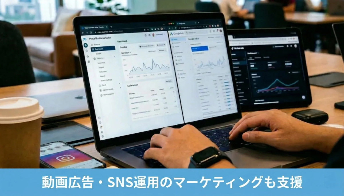ラップトップとタブレットでMeta Business Suite、Google広告、TikTok広告のダッシュボードを操作