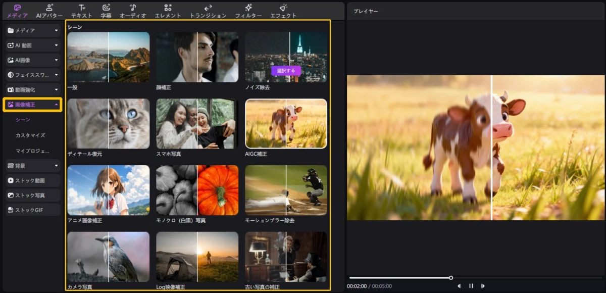 画像編集ソフトウェアのインターフェースが表示されており、「画像補正」機能が選択されています。