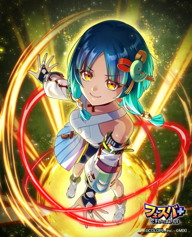 青と水色の髪を持つ褐色の肌のアニメ風の少女が、輝く光の渦巻く背景の中で、手を広げた躍動感あるポーズで描かれています。自信に満ちた表情と鮮やかな色彩が特徴的なイラストです。