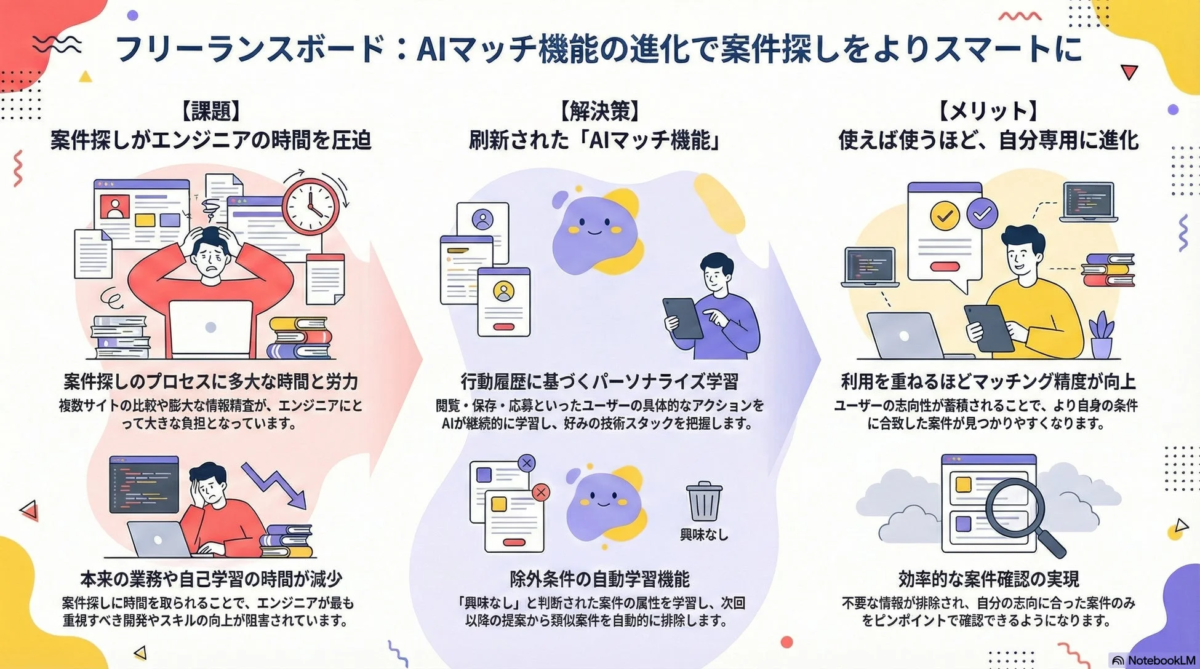 フリーランスボードのAIマッチ機能が案件探しの課題を解決する図