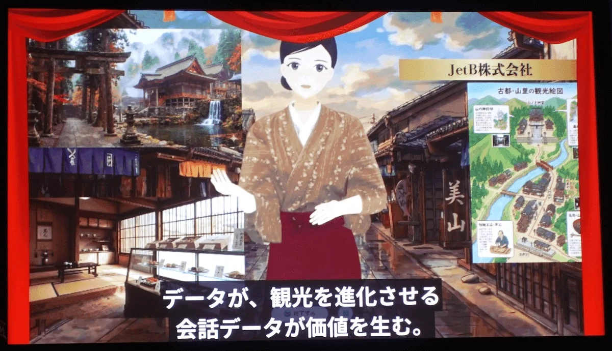バーチャルヒューマン,AI,観光,日本,伝統的風景,着物,鳥居,寺,町並み,データ活用,プレゼンテーション,デジタル変革,古都,山里
