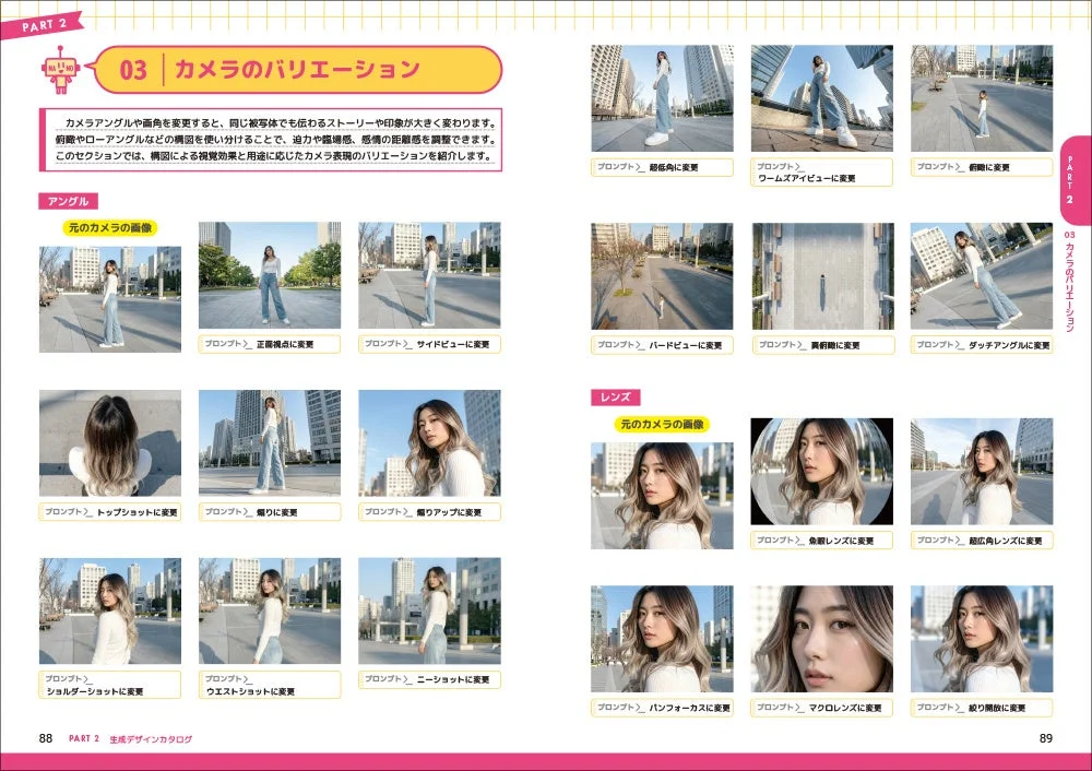 この画像は、カメラのアングルとレンズの種類を変えることで、同じ被写体でも写真の印象が大きく変わることを実例で示す解説ページです。様々な構図やレンズ効果のバリエーションが紹介されています。
