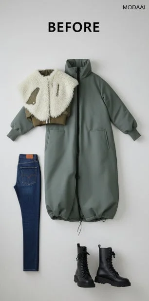 ダウンコート,アウター,デニム,ジーンズ,ブーツ,ファッション,コーディネート,冬服,カジュアル,モード,防寒着,ボアベスト,スキニーデニム,ミリタリーブーツ,フラットレイ