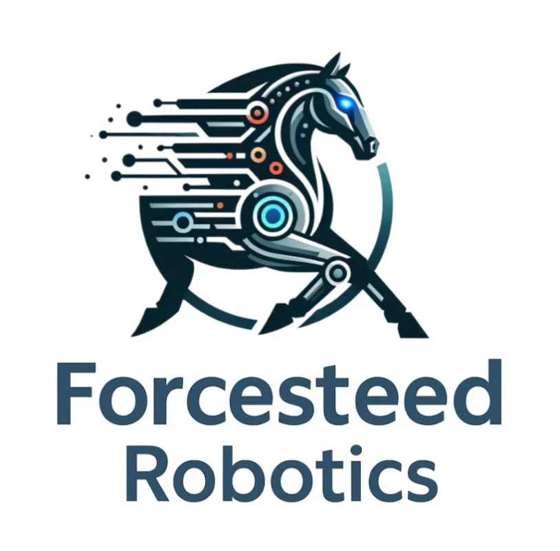 白い背景に「Forcesteed Robotics」という文字と、回路基板のようなデザインが施された未来的なロボットの馬のロゴ