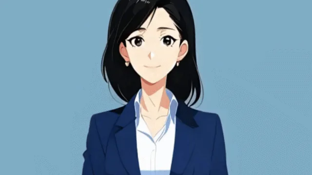 青い背景の前に立つ、ビジネススーツを着用した黒髪の女性のアニメイラスト