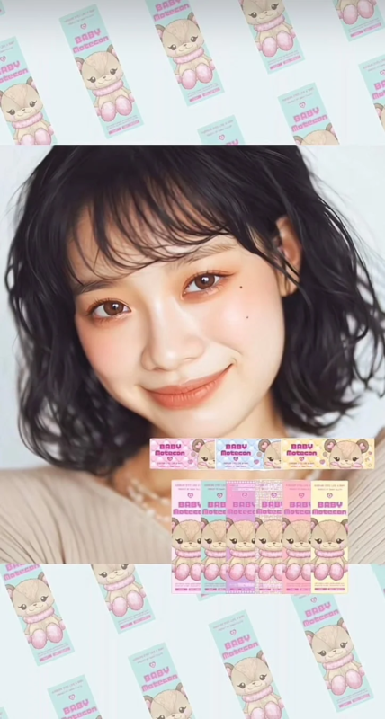 笑顔の女性のポートレートと、クマのキャラクターがデザインされた「BABY Moteccon」のカラコンパッケージが写っている