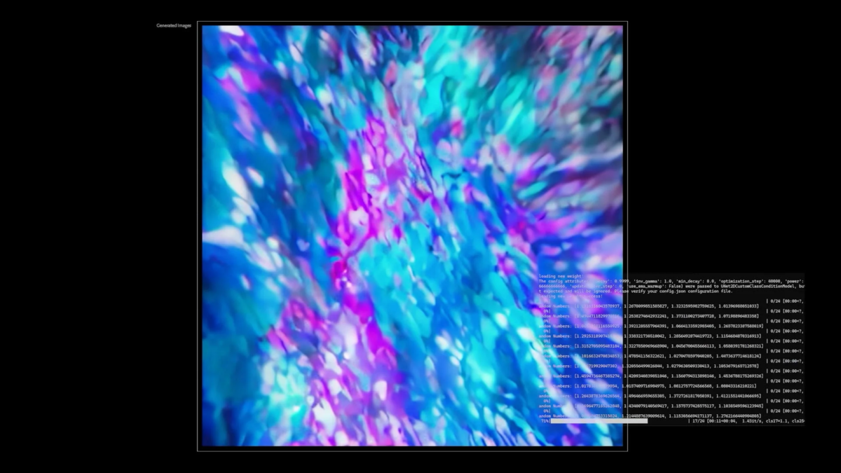 青、紫、ピンクが鮮やかに混じり合った抽象的なパターンが特徴の画像です。テキストから「Generated Images」とあり、AIによる画像生成プロセスの一部であることが示唆されています。