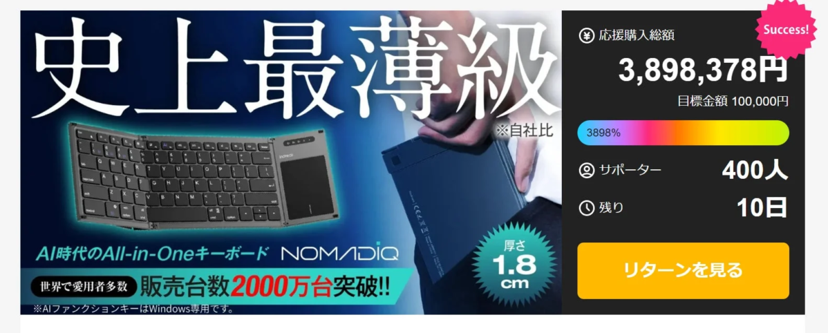 NOMADIQ クラウドファンディング達成状況