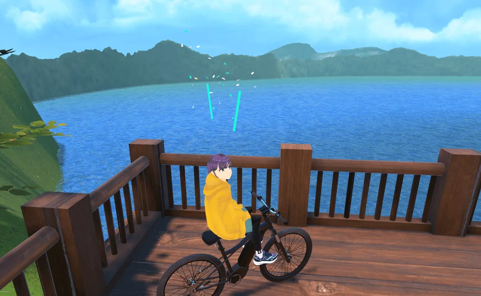 美しい湖畔の景色が広がる仮想空間で、黄色いパーカーを着たアニメ風のキャラクターが自転車に乗ってデッキに立っています。空には青い光のエフェクトが舞い、穏やかな雰囲気が漂っています。