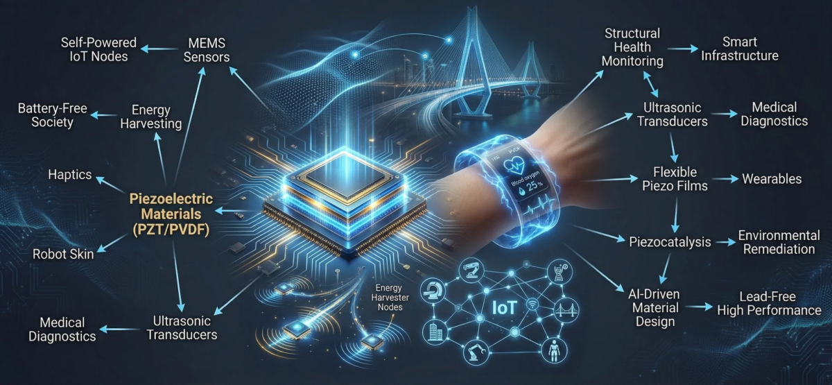 圧電材料の幅広い応用分野を示す概念図