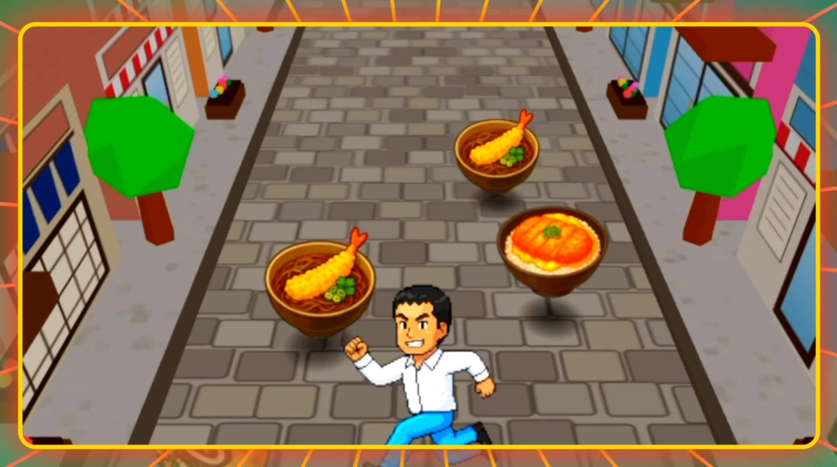 ピクセルアート風のゲーム画面で、男性キャラクターが街中の道を走っています。道には天ぷらそばや丼といった日本食の器が配置されており、障害物またはアイテムとして描かれています。
