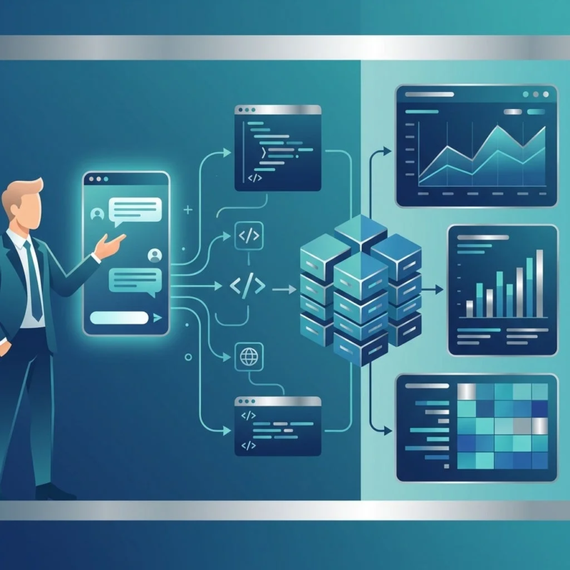 ビジネスマンが関わるデータ分析のプロセスを描いたイラスト