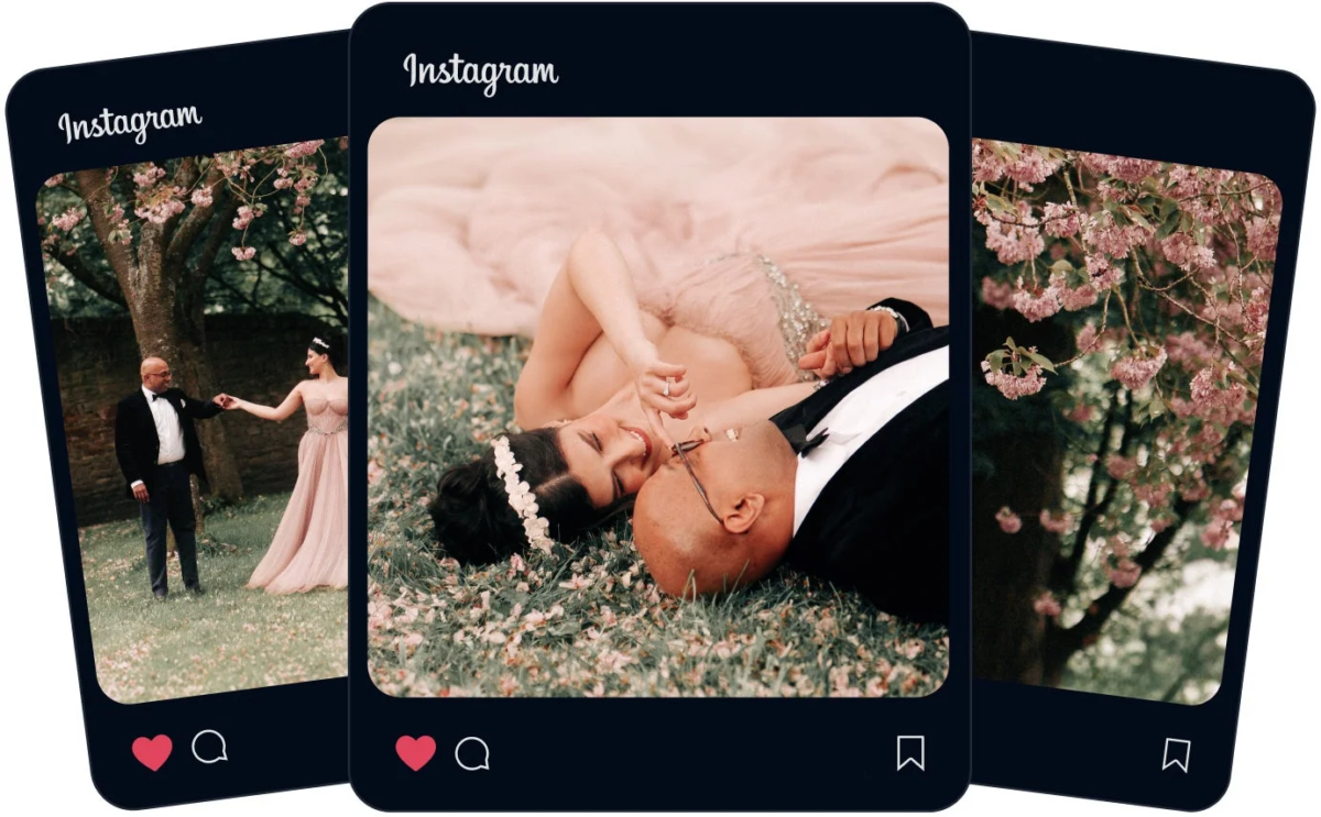 桜が咲き誇る美しい公園で、結婚式の衣装をまとったカップルが愛を育む様子を捉えた3枚のInstagram風写真