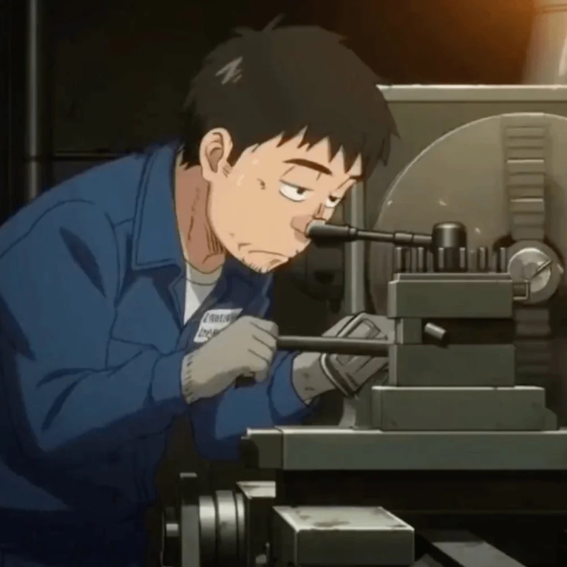 青い作業着を着た男性が、工場で旋盤を操作しています。測定器を使い、真剣な表情で精密な加工を行っており、その集中ぶりがうかがえます。