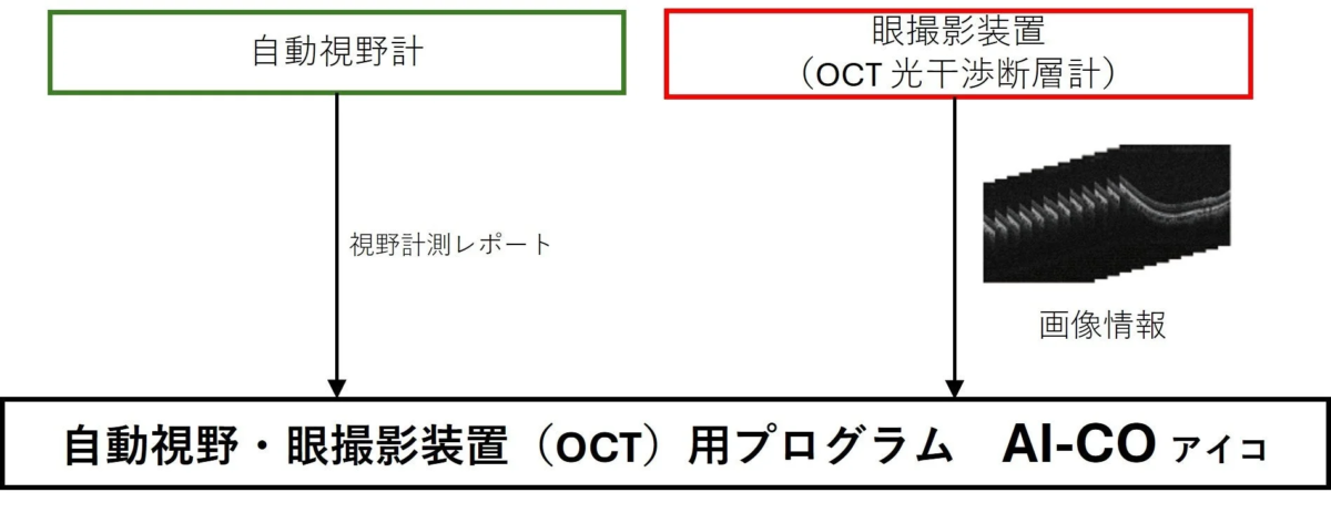 自動視野計とOCTからの情報をAI-COが処理するフロー図