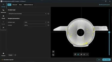 ポロシティ/インクルージョン解析ソフトウェアのインターフェースです。左側に解析設定、右側には円盤状の対象物のCTスキャン画像が表示され、黄色い点でボイド（欠陥）が強調されています。
