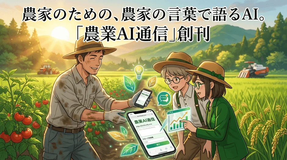 農家がAI技術を活用する未来を描いたイラスト。「農業AI通信」の創刊を告知し、スマートフォンアプリを通じて農業の課題解決やデータ分析を行う様子を示唆。