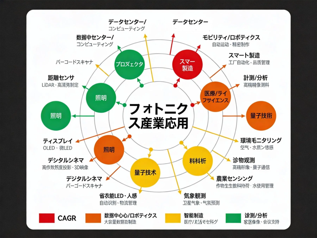 フォトニクス技術の多様な産業応用分野を示すマインドマップ