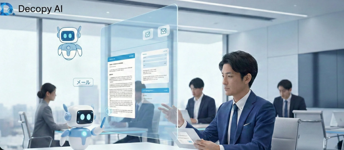 現代的なオフィスで、スーツを着た男性がAIロボットと共にホログラフィックディスプレイを操作している様子。未来のビジネスシーンと先進技術の融合を表現しています。