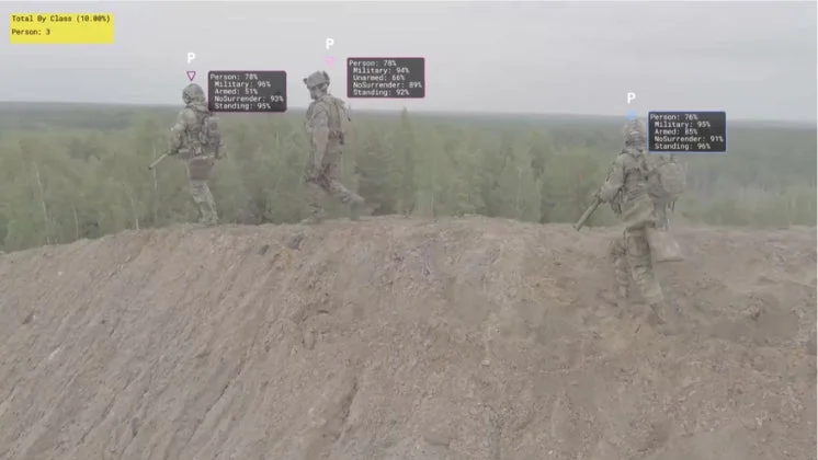 雲の多い空の下、3人の軍服を着た兵士が丘の上を歩いている様子を捉えた画像です。兵士たちは武器を携行しており、背景には森林が広がっています。画像には物体検出による人物識別情報とステータスが表示されています。