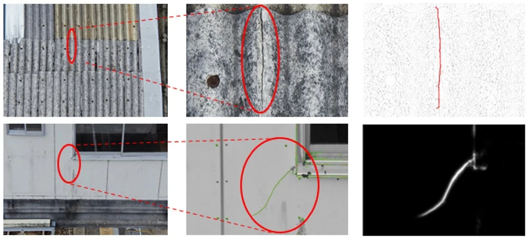 建物や屋根、外壁に見られるひび割れや劣化箇所を拡大表示し、画像処理によって損傷を検出する様子を示す画像