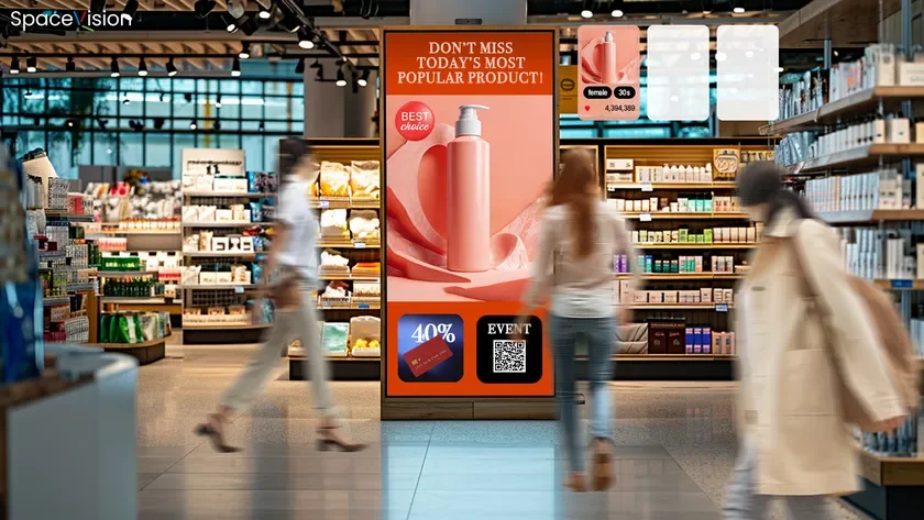 店舗, デジタルサイネージ, 広告, 化粧品, プロモーション, 割引, イベント, 買い物客, 小売店, スキンケア