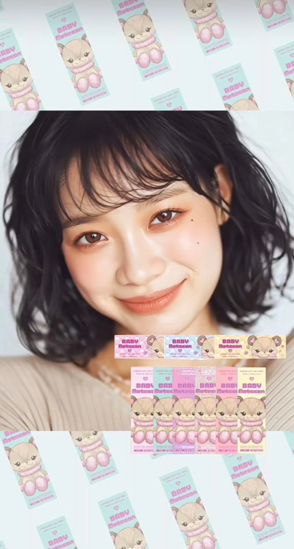笑顔の若い女性と、可愛らしいクマのイラストが描かれた「BABY Motecon」カラコンのパッケージが複数配置された画像