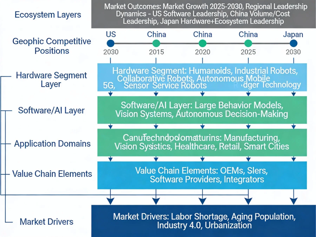 Ecosystem LayersGeophic Competitive PositionsHardware Segment LayerSoftware/AI LayerApplication DomainsValue Chain ElementsMarket DriversMarket Outcomes: Market Growth 2025-2030, Regional Leadership Dynamics - US Software Leadership, China Volume/Cost Leadership, Japan Hardware+Ecosystem Leadership
