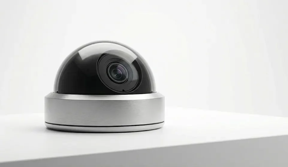 白い背景の白い台の上に置かれた、黒いドーム型の防犯カメラのクローズアップ画像です。シルバーのベースが特徴で、セキュリティシステムや監視技術を象徴しています。