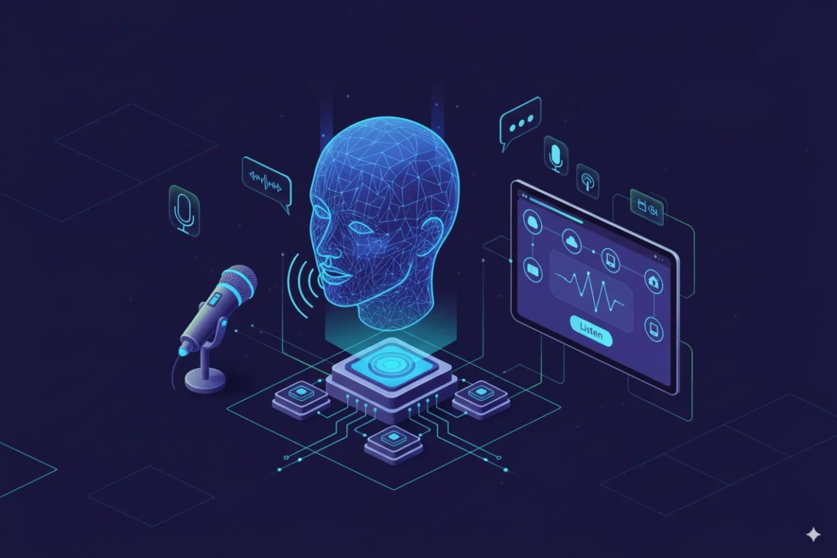 AIが音声を処理し、タブレットに波形として表示する様子