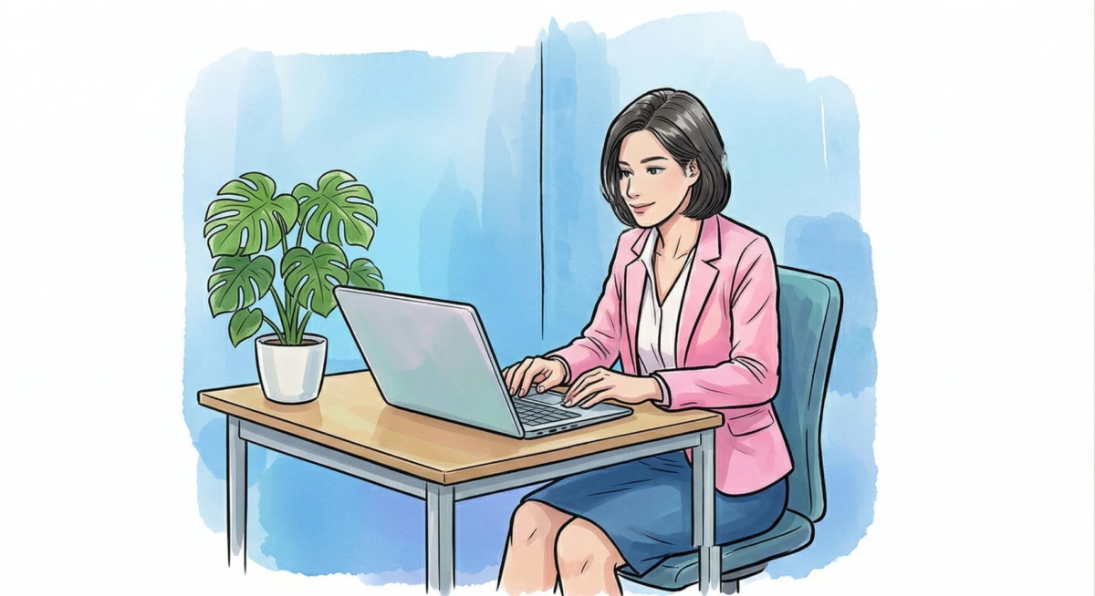 ピンクのジャケットを着た女性がデスクでノートパソコンを操作しているイラスト