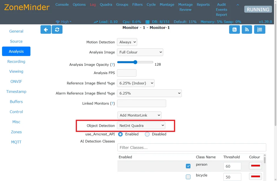 ZoneMinderの監視システムにおける分析設定画面です。モーション検出、画像分析、およびNetInt Quadraを利用したオブジェクト検出（人物、自転車）などの詳細なAI検出クラス設定が表示されています。
