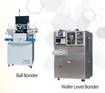 半導体製造プロセスで使用される2種類のボンディング装置、ボールボンダーとウェハーレベルボンダーが写っています。これらの装置は、電子部品の接合に不可欠な精密機械です。