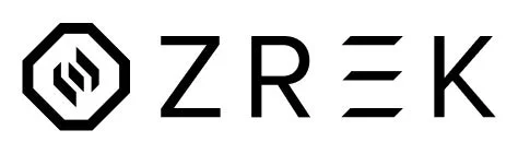 白背景に黒い幾何学的なシンボルと「ZREK」というテキストが配置された、シンプルでモダンなロゴデザイン