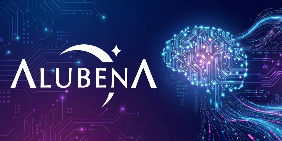 未来的な青と紫の背景に、回路基板のパターンで構成された光る脳のイメージが描かれています。左側には「ALUBENA」という文字があり、人工知能や高度な技術、データ処理を連想させるデザインです。