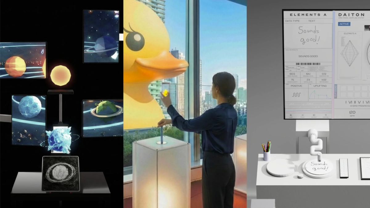 3つの異なる先進技術のシーンが並ぶ画像。左はホログラムの惑星展示、中央は女性が巨大なアヒルのプロジェクションと触れ合う様子、右は「Sounds good!」と表示されたデータ分析・音楽サンプリングシステムのUIとロボットアームが描かれています。