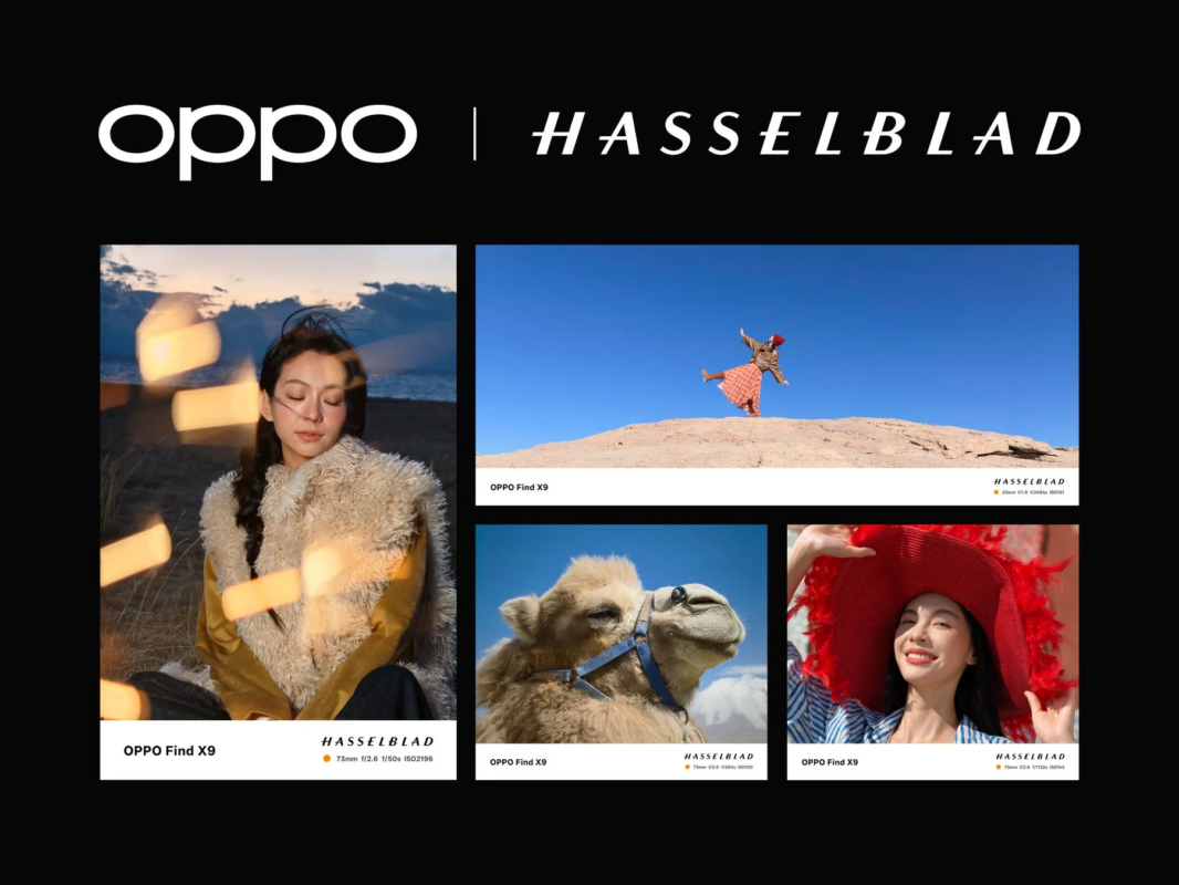 OPPOとHASSELBLADのロゴが上部に配置され、OPPO Find X9で撮影されたと思われる4枚のサンプル写真が展示されています