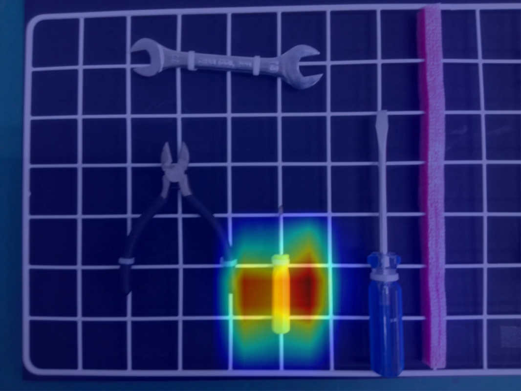 グリッド状の背景に、レンチ、プライヤー、ドライバーなどの工具と、中央に熱分布が示された試験管のような容器、そしてピンクの棒状物が配置されています。これは何かの測定や分析の様子を示唆しています。